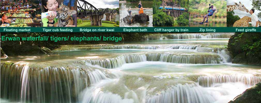 Elephants Tigers Bridge on the river Kwai and Erawan Waterfall